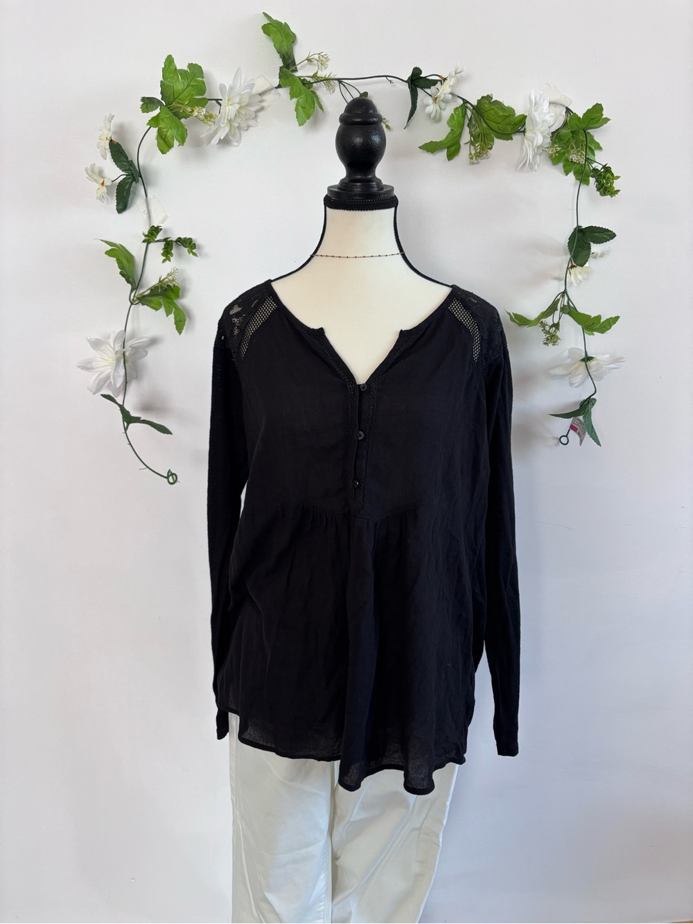 Everyday Top- DKNY Black Long-Sleeve Button Henley Top - Women Size Small